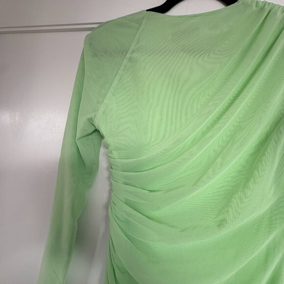 Self-Portrait Asymmetric Pencil Midi Dress Green Mesh Ruched Side Tie Mesh Long - Picture 11 of 11